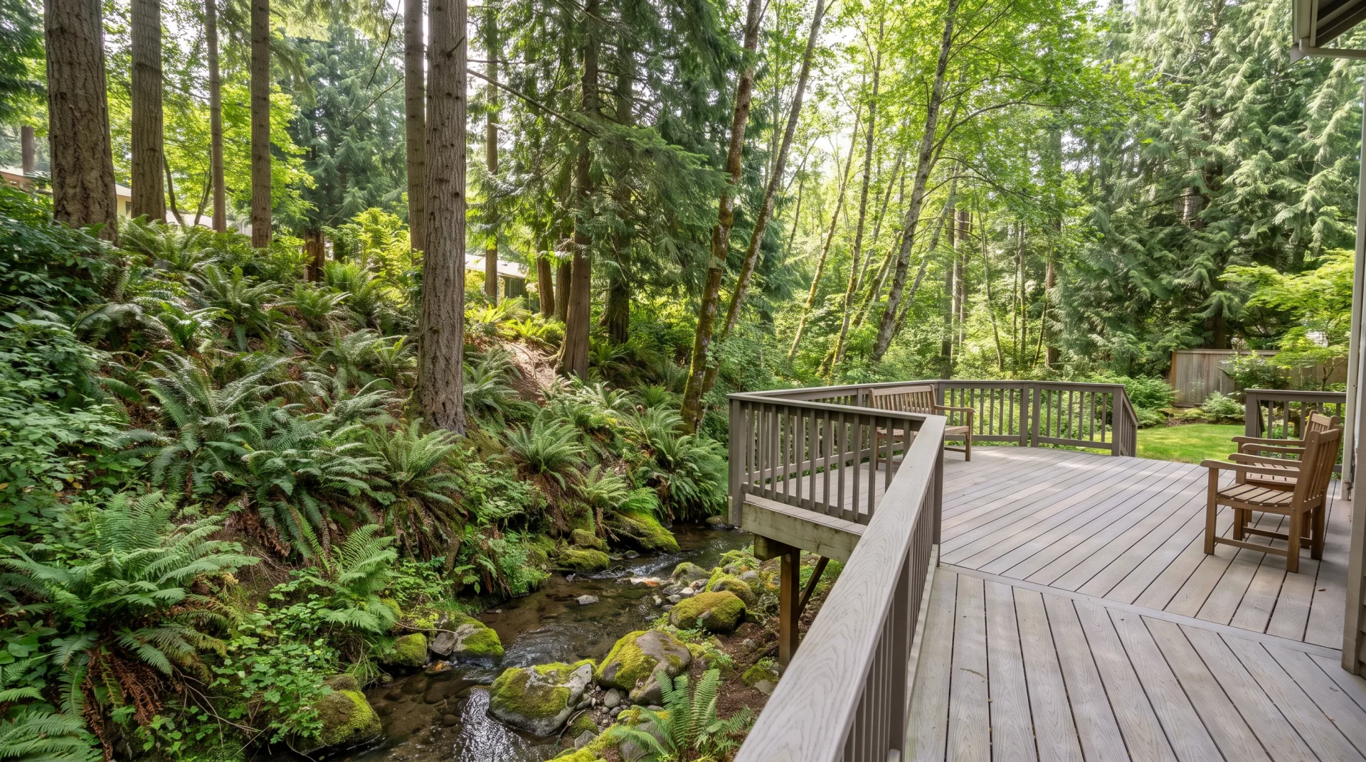 Creekside composite deck over a green ravine with ferns in Bothell