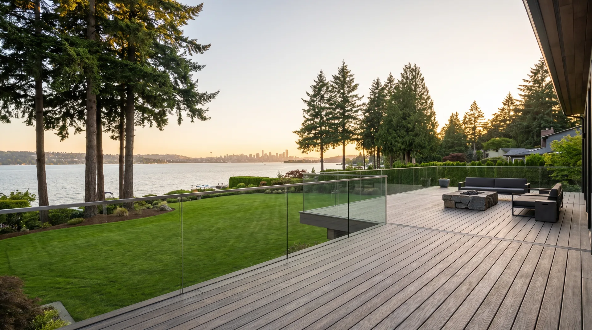 Estate-grade composite terrace in Medina with a lawn rolling to the Lake Washington shore