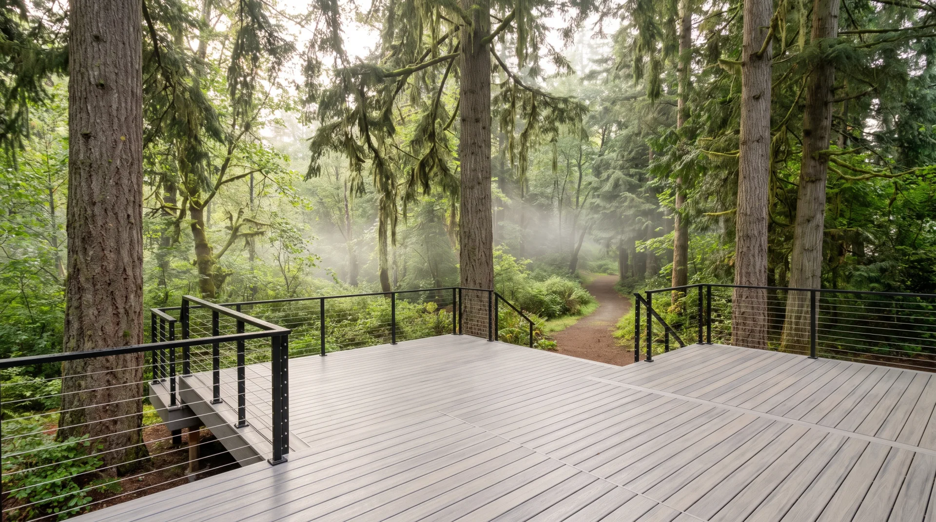Modern family deck in Redmond wrapped by tall Douglas firs