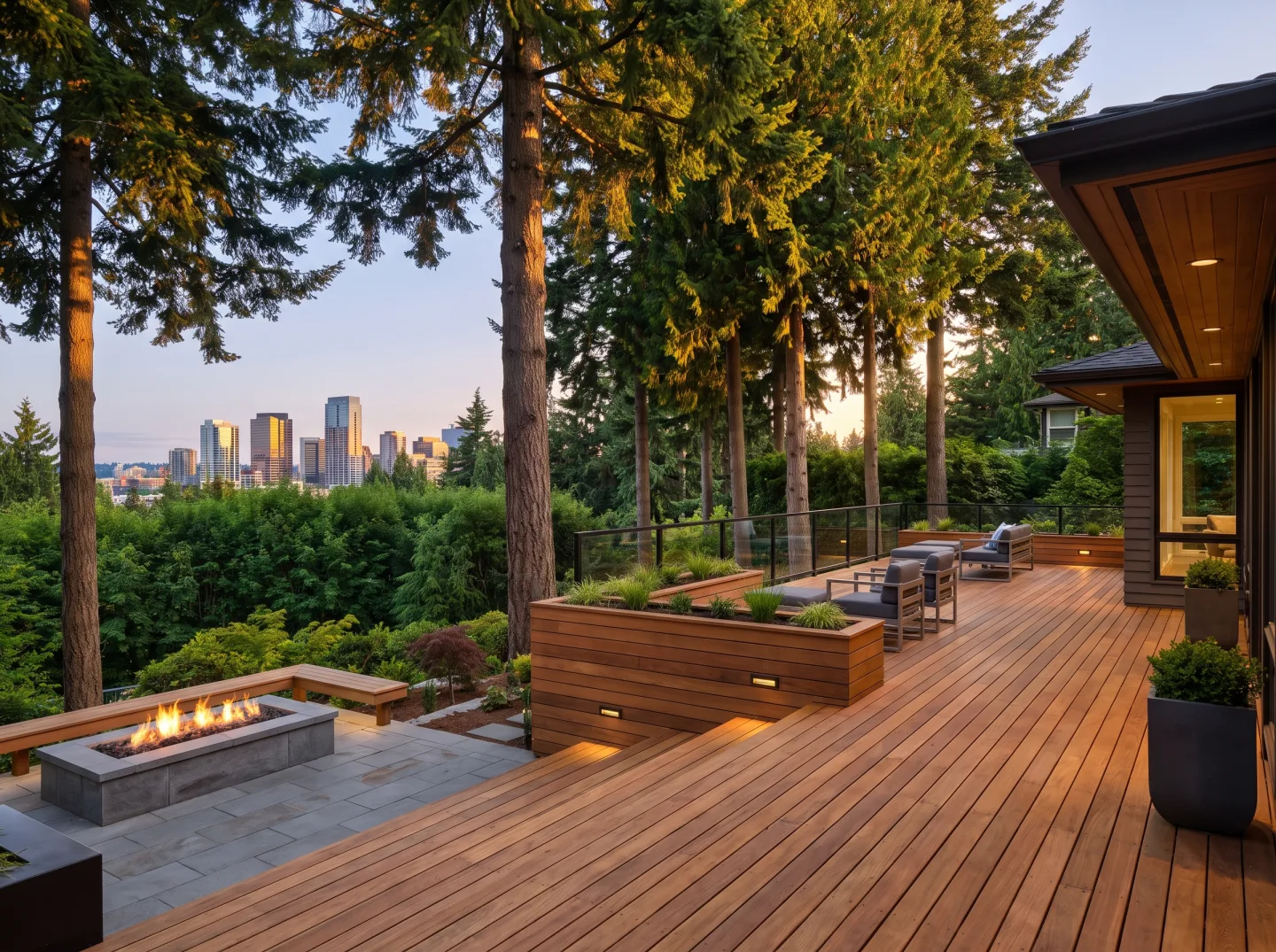 Two-level cedar deck at a Bellevue home with the downtown skyline beyond the trees