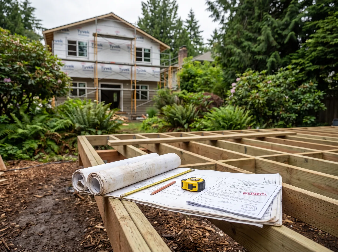 Deck construction plans and permit documents on a Bellevue job site
