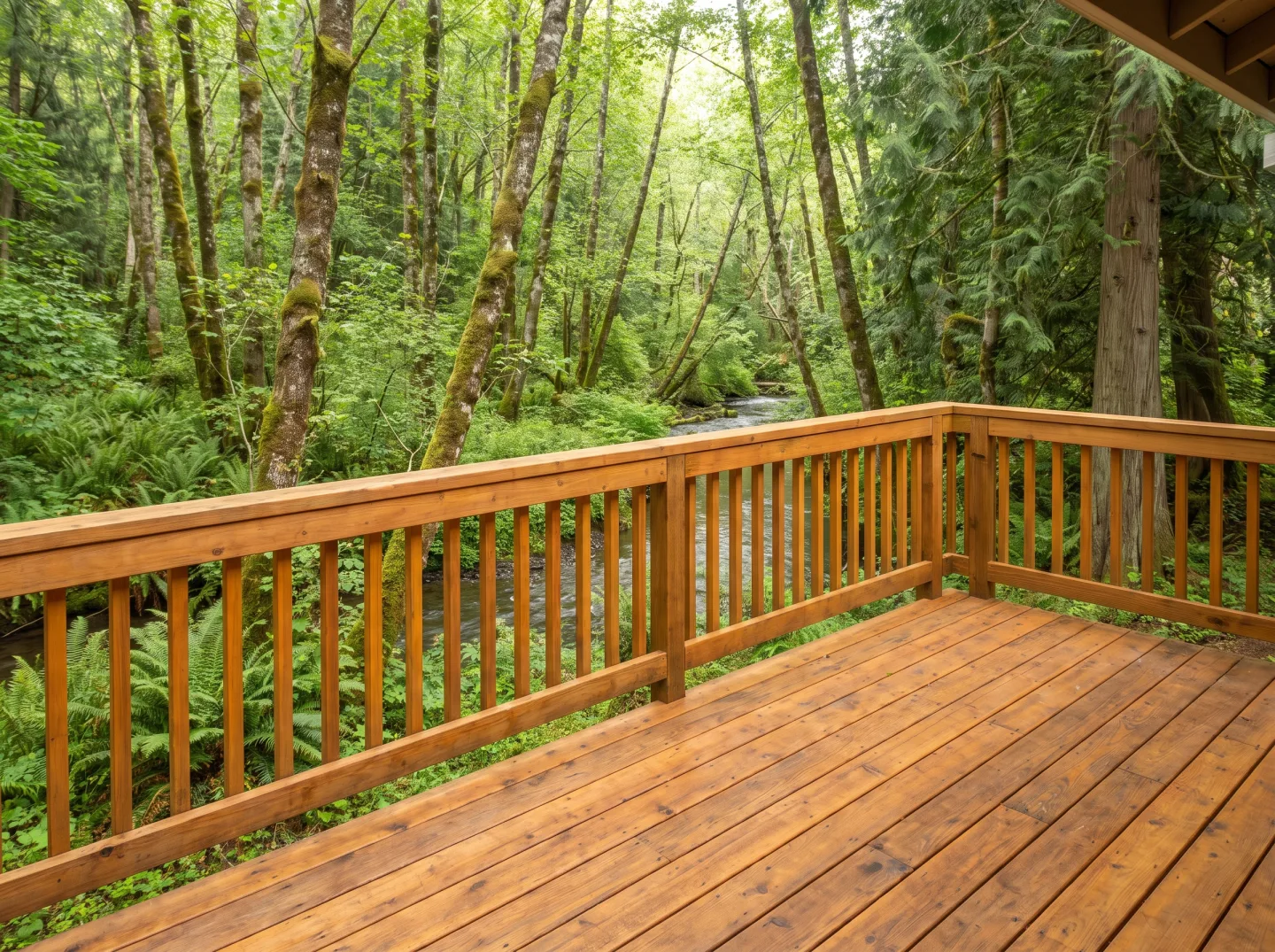 Warm cedar deck beside a creekside greenbelt in Bothell