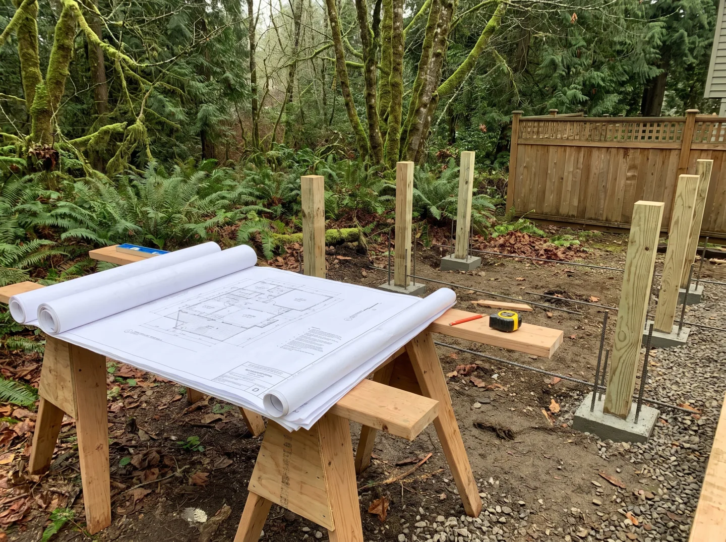 Deck drawings spread on sawhorses at a Bothell job site