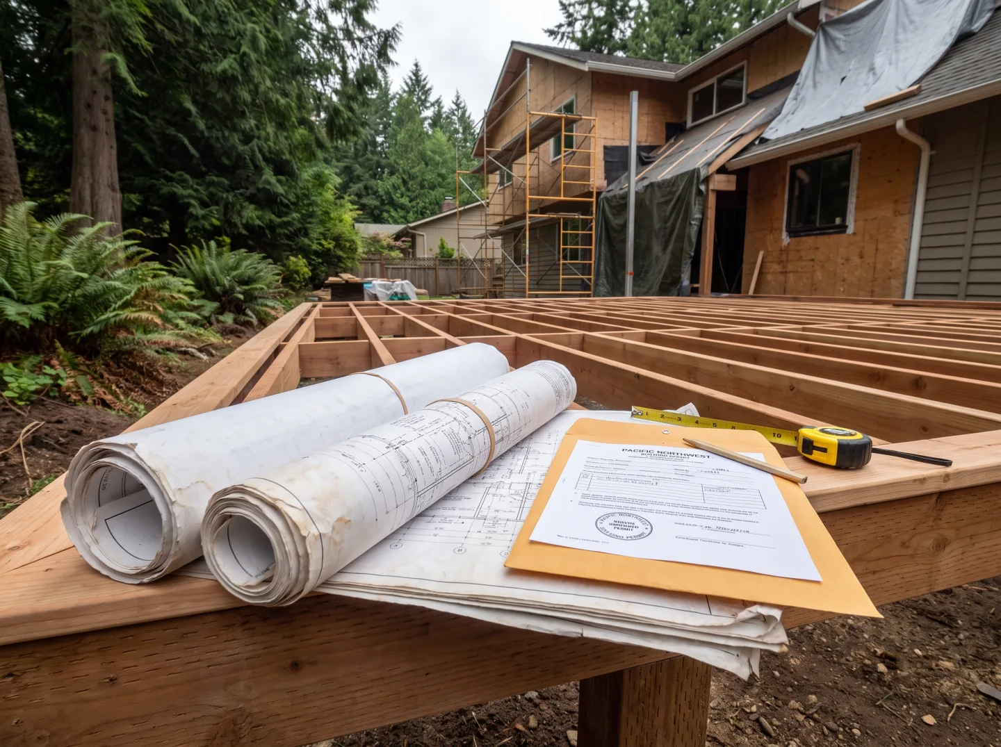 Stamped deck plans and tape measure on framing at a Clyde Hill home