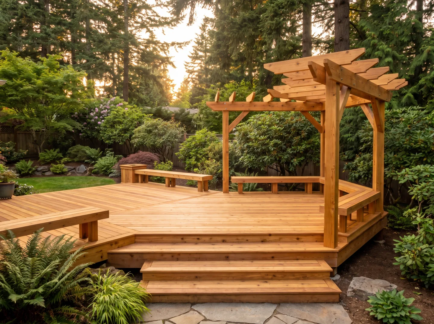 Large multi-level cedar deck with built-in bench and pergola corner by Craft Boys
