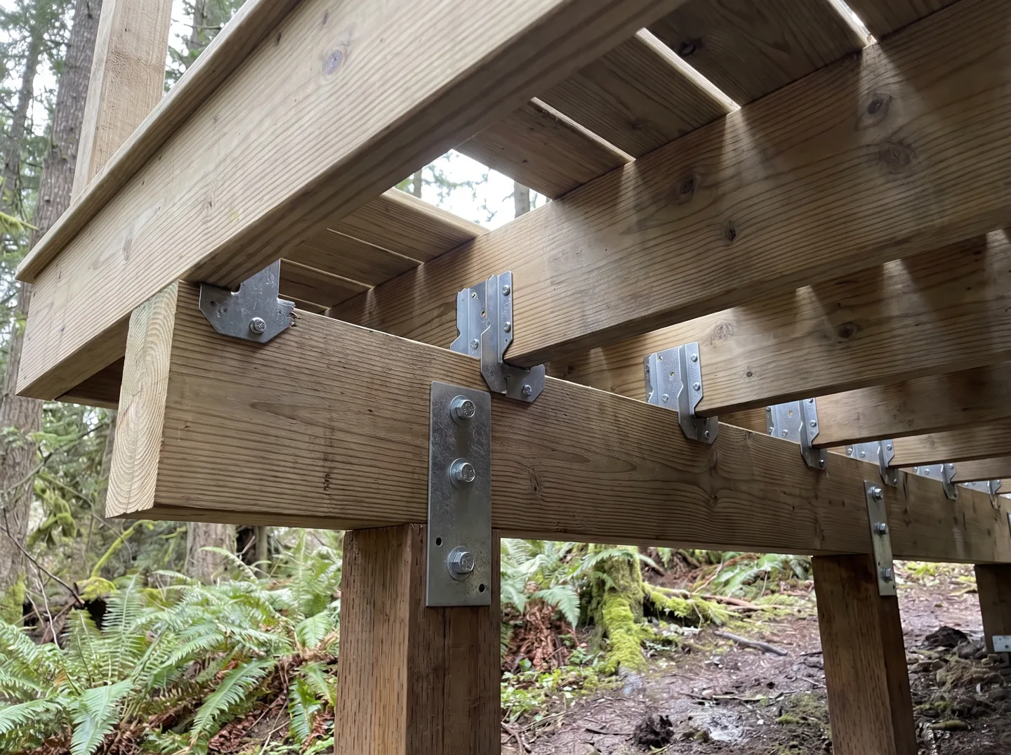 Pressure-treated deck framing with doubled beams and galvanized joist hardware