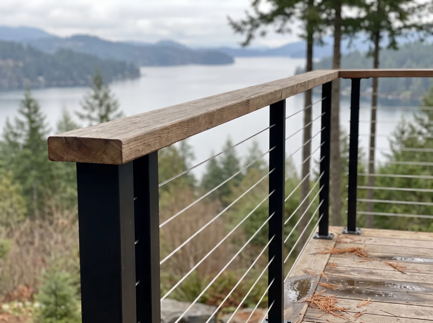 Modern deck railing with wood top rail, black metal posts and stainless cable infill