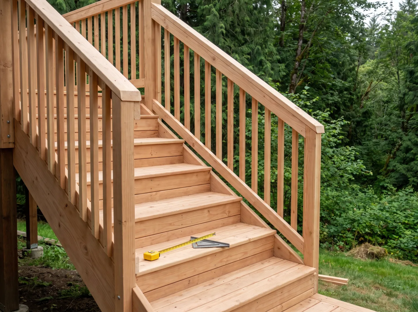 New code-compliant deck stairs with precise stringers and evenly spaced balusters