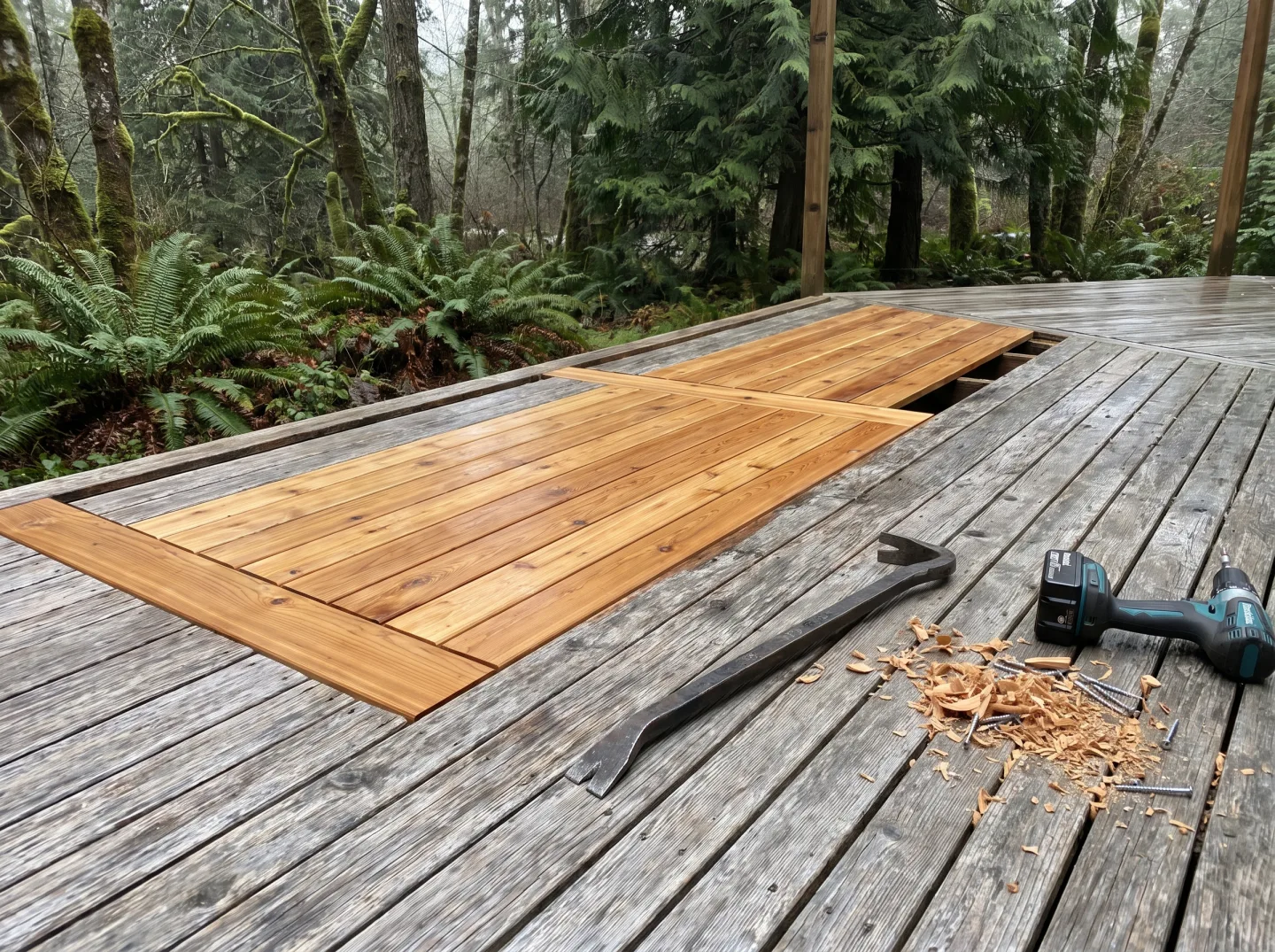 Fresh cedar boards fitted into a weathered deck during a Craft Boys repair
