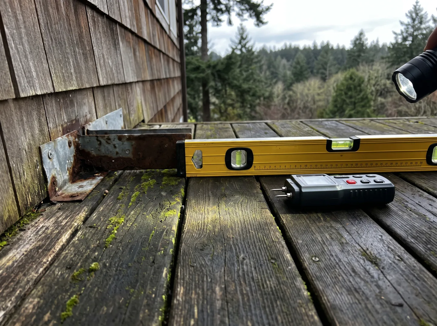 Spirit level and moisture meter on aged deck boards during a structural inspection