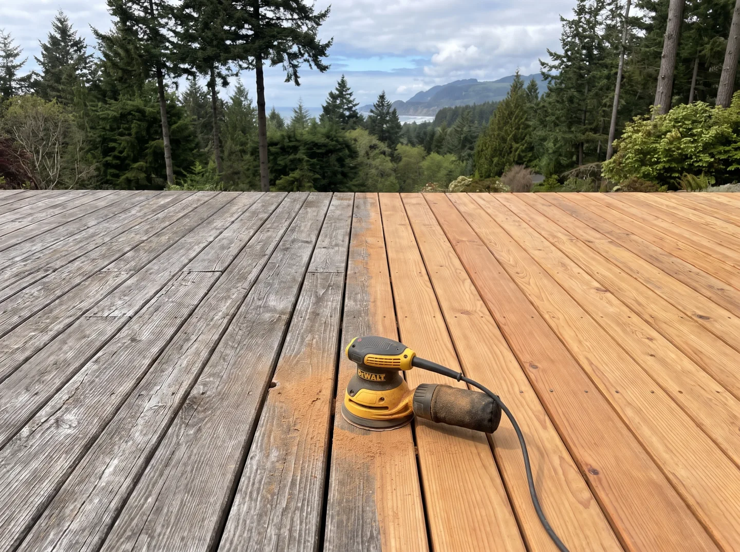 Half-restored deck showing weathered gray boards next to freshly sanded cedar