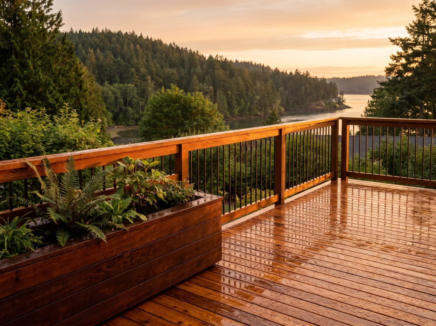 Restored cedar deck with rich new stain glowing at golden hour