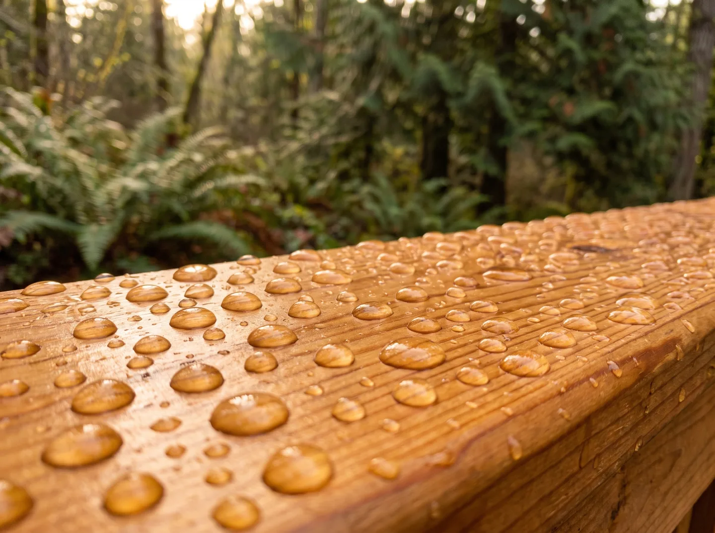 Water beading on freshly sealed cedar deck boards
