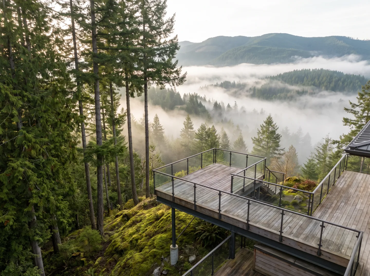 Elevated deck on a wooded Issaquah hillside with the Issaquah Alps beyond