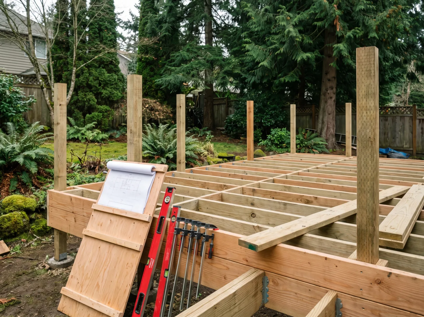 Deck construction site with plans and clamps in Issaquah