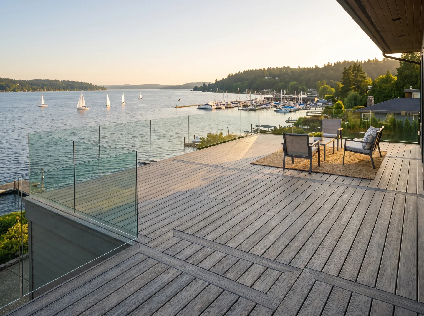Composite deck with glass railing overlooking Lake Washington near Kirkland
