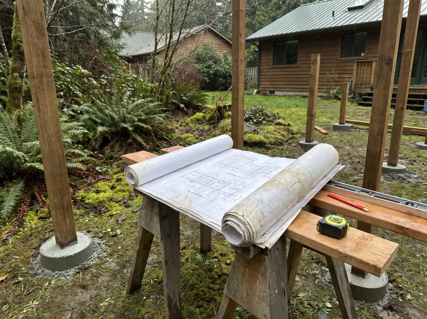Architectural deck drawings and tools on a Kirkland job site