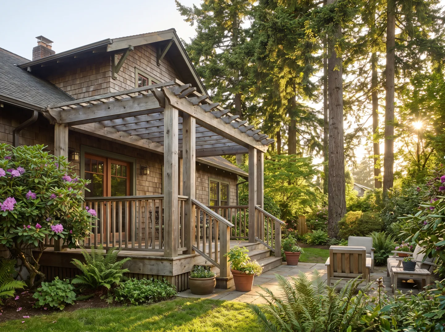Classic wood deck behind an established Craftsman home in Laurelhurst, Seattle