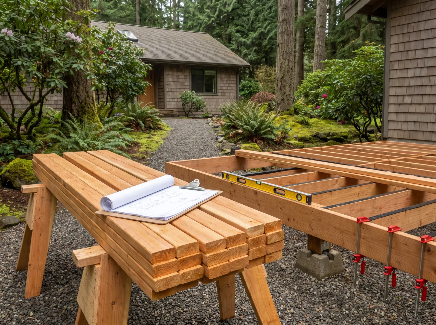 Deck plans clipped to a board on a Laurelhurst job site