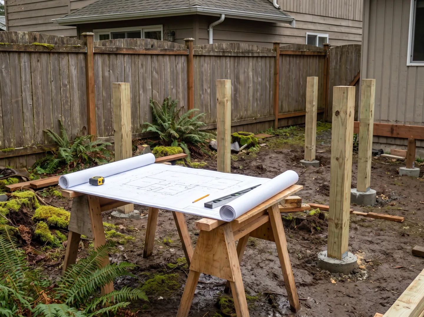 Architectural deck drawings beside new footings in Madison Park