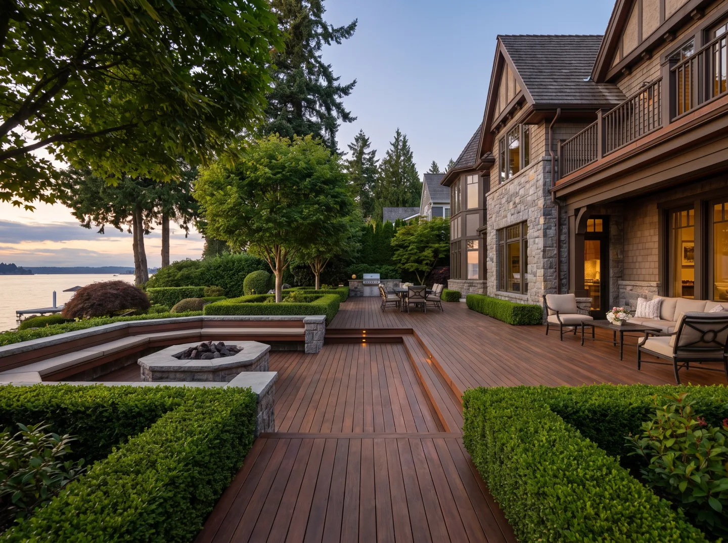 Estate-grade hardwood terrace deck at a Medina waterfront home