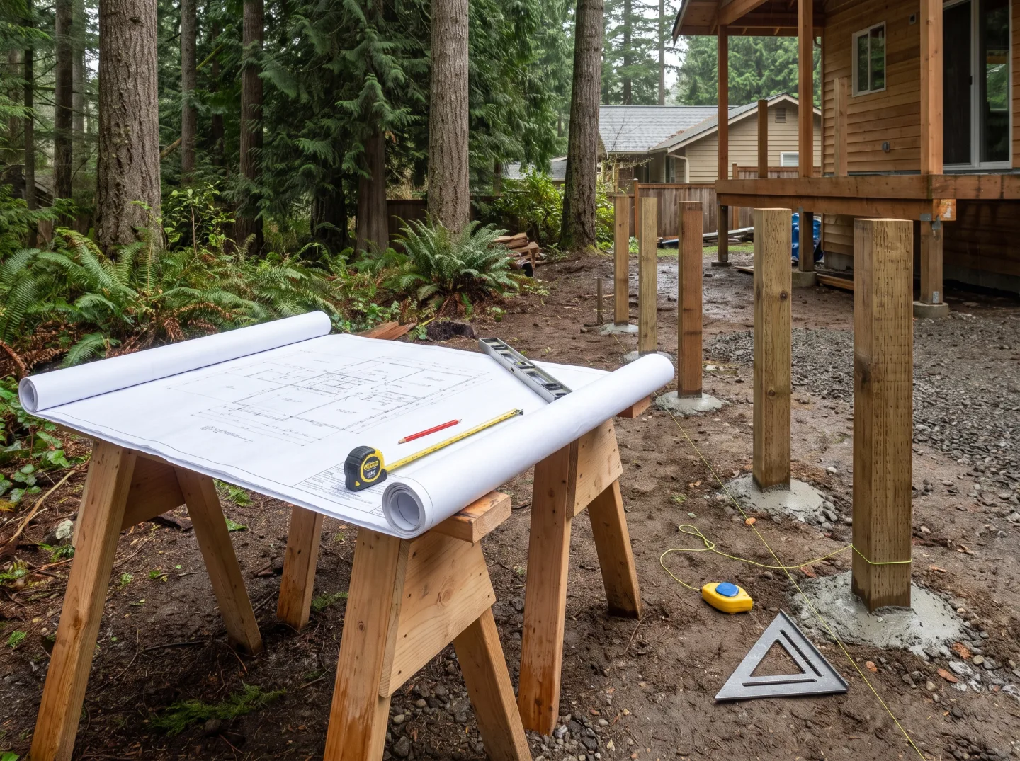 Deck drawings on sawhorses beside new footings at a Medina residence