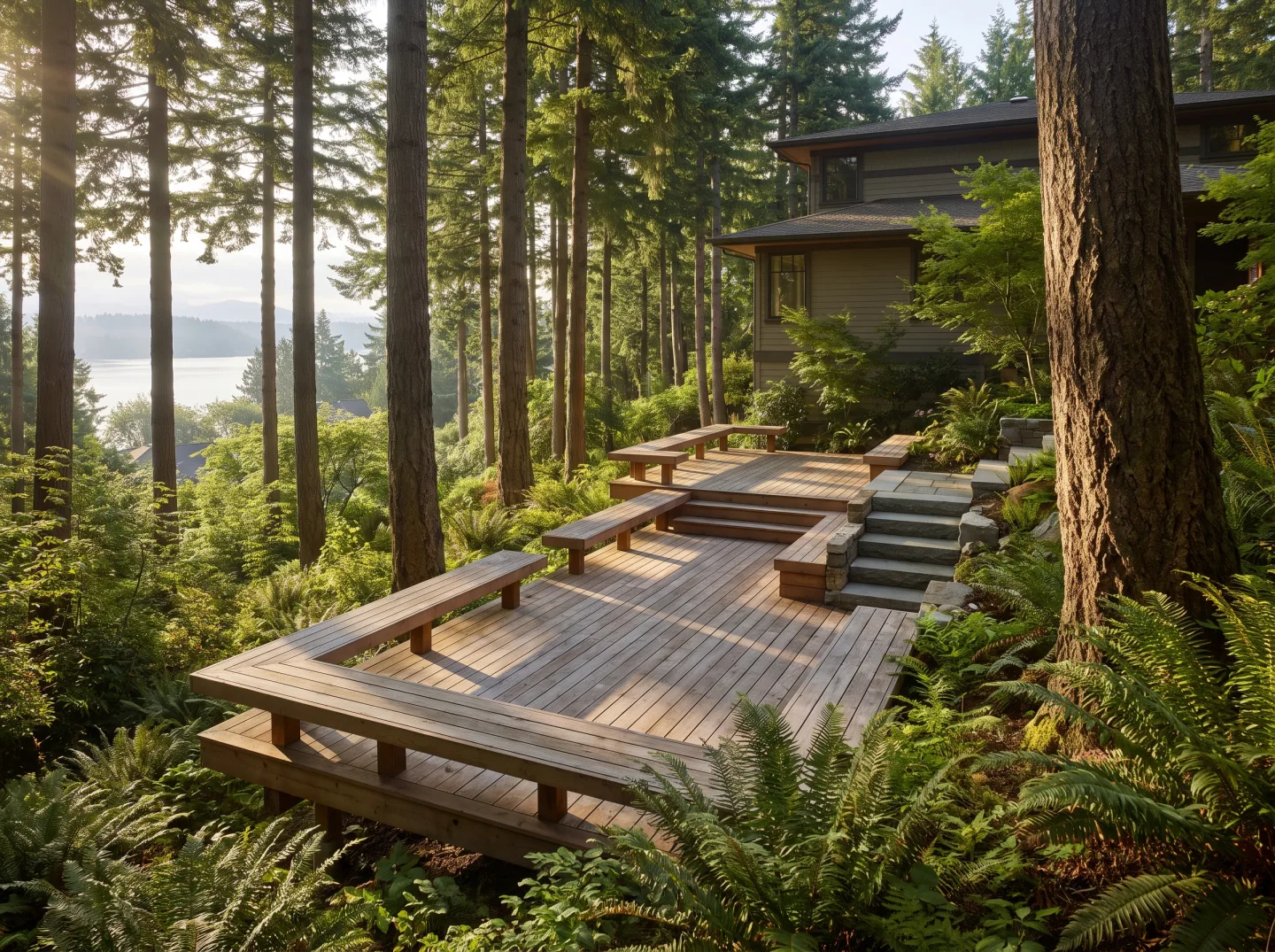 Cedar deck stepping down a wooded Mercer Island slope toward Lake Washington