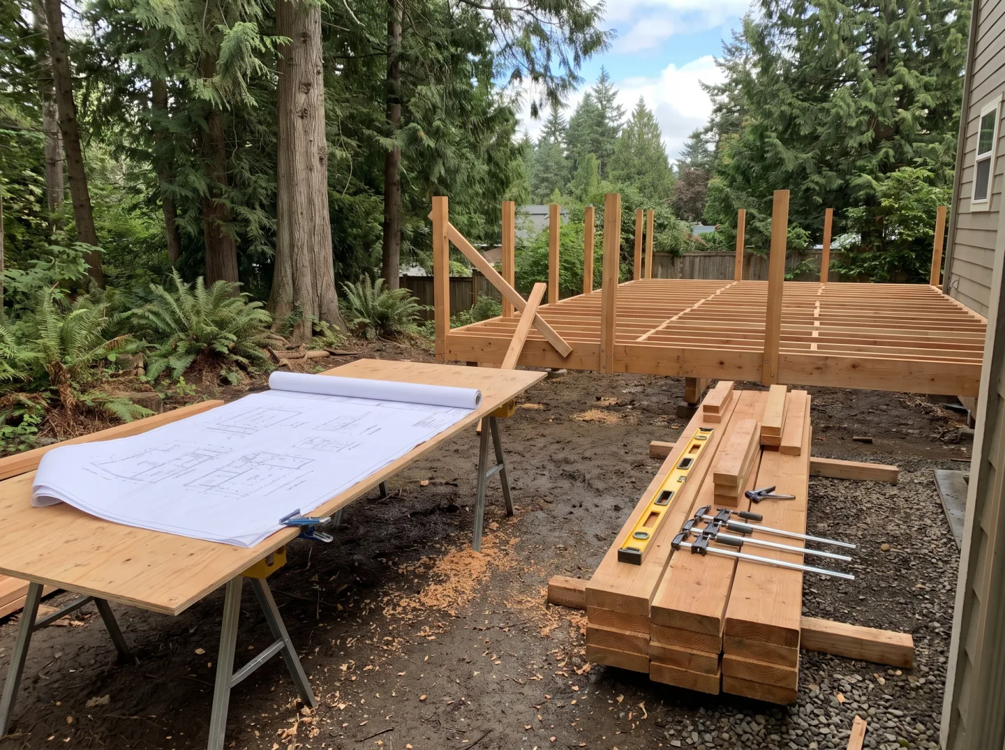 Deck framing and building plans on a Mercer Island job site