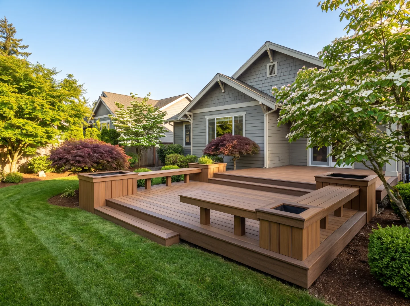 Neat composite deck in a manicured Mill Creek neighborhood backyard