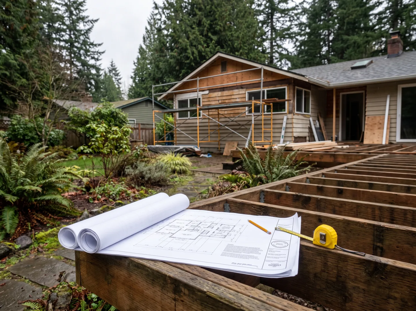 Blueprints and permit set on fresh deck framing in Mill Creek