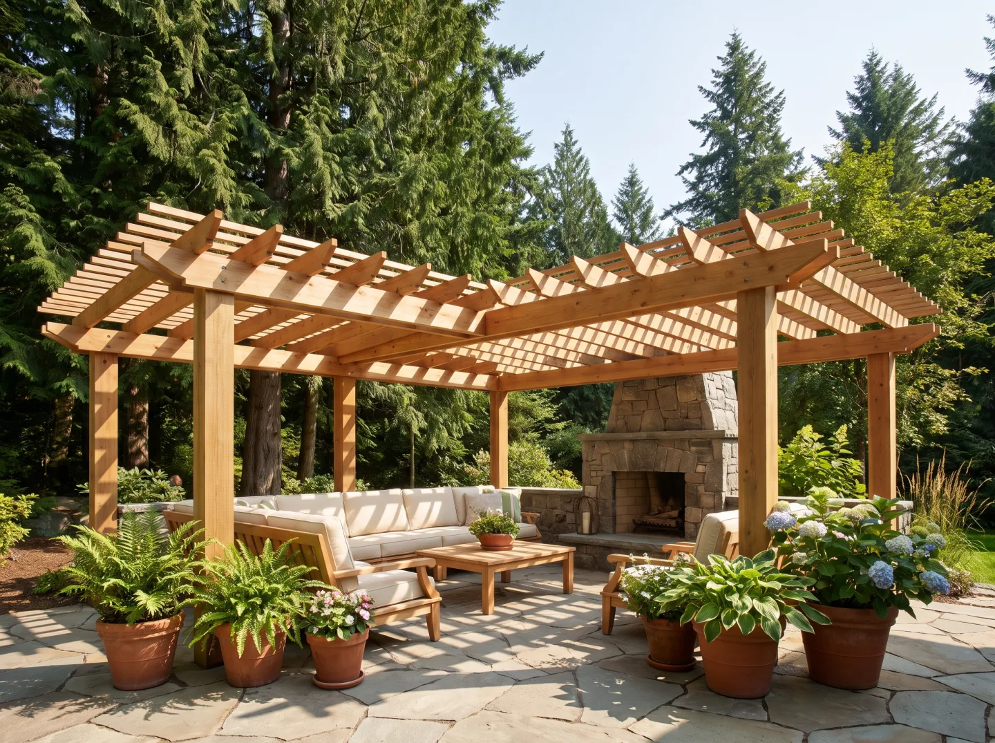 Cedar pergola casting dappled shade over a furnished patio corner