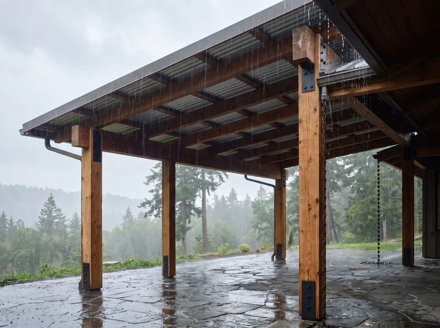 Sturdy covered patio shedding heavy Pacific Northwest rain on cedar posts