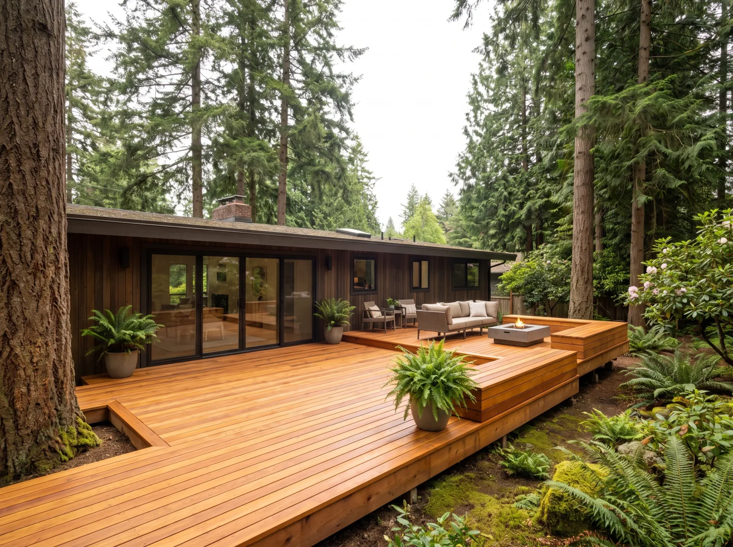 Family backyard deck in Redmond framed by tall evergreens