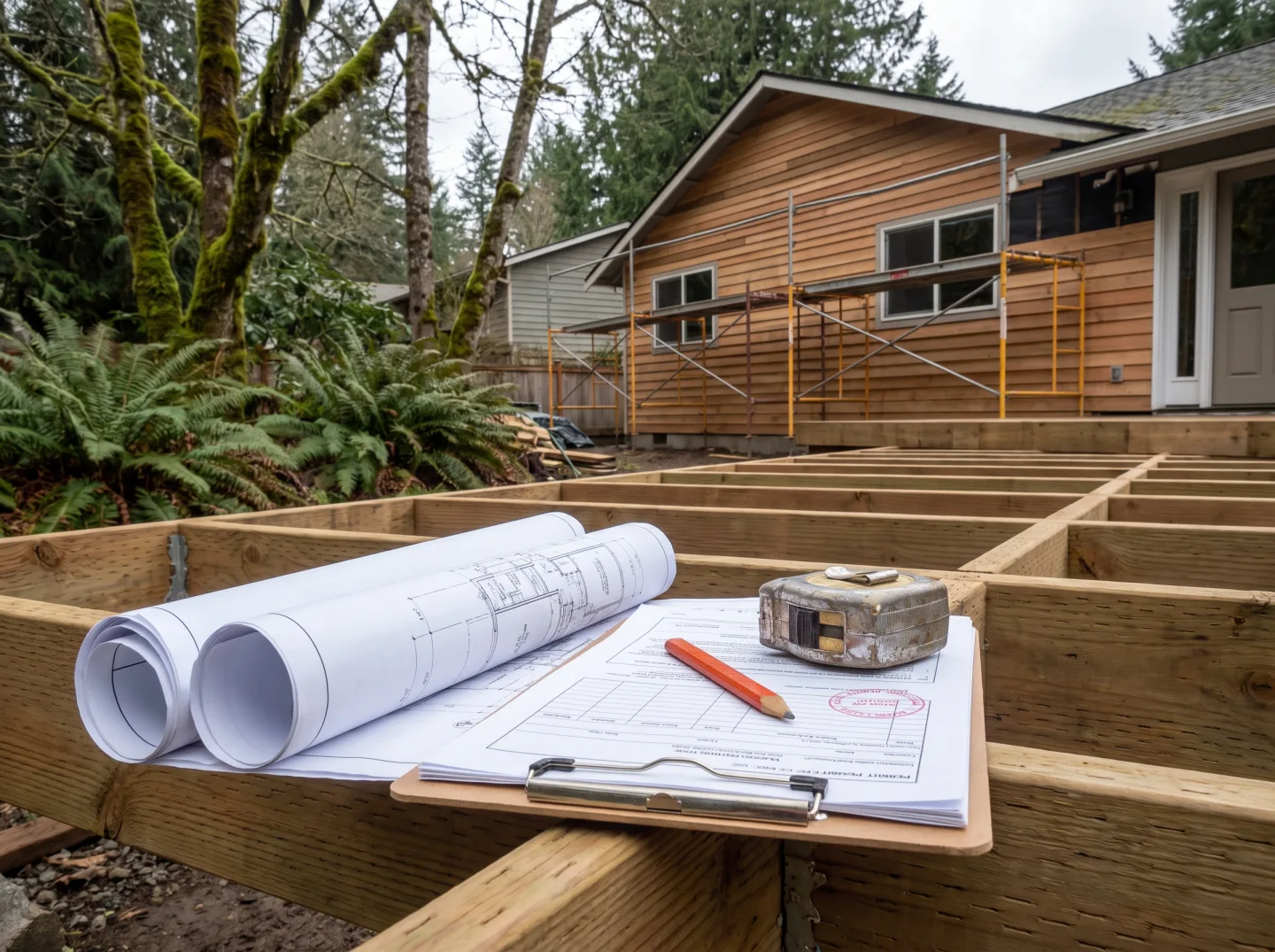 Blueprints and permit paperwork on new deck framing at a Redmond home