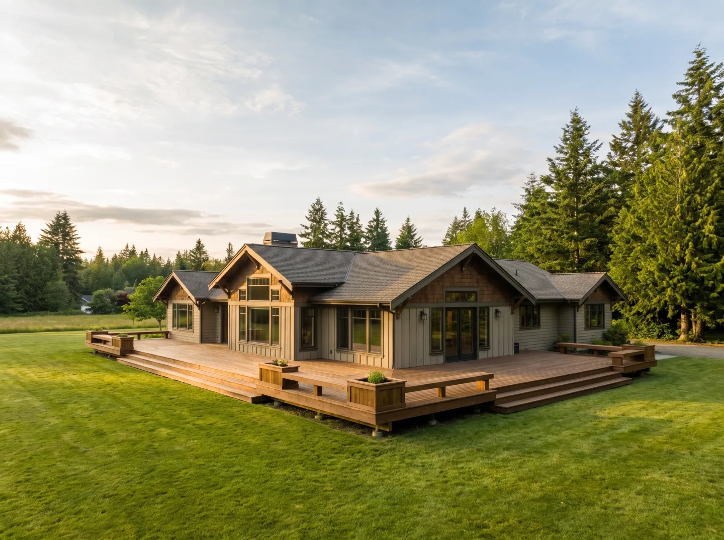 Wraparound deck on a spacious Sammamish plateau backyard at golden hour