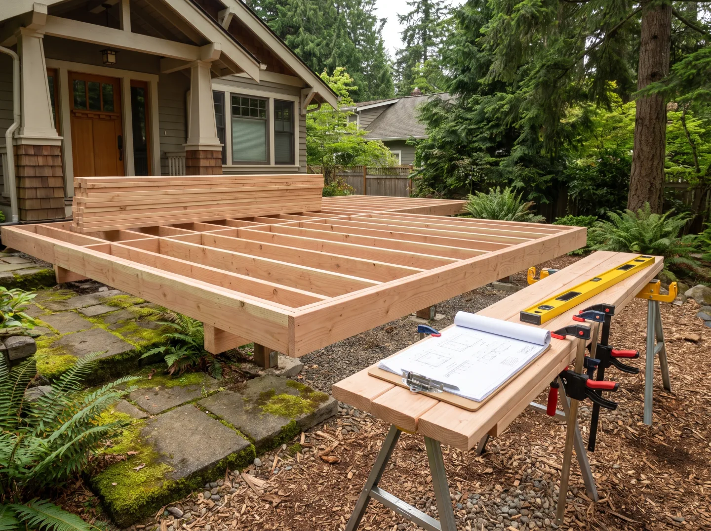 Deck building plans clipped to a board on a Sammamish job site