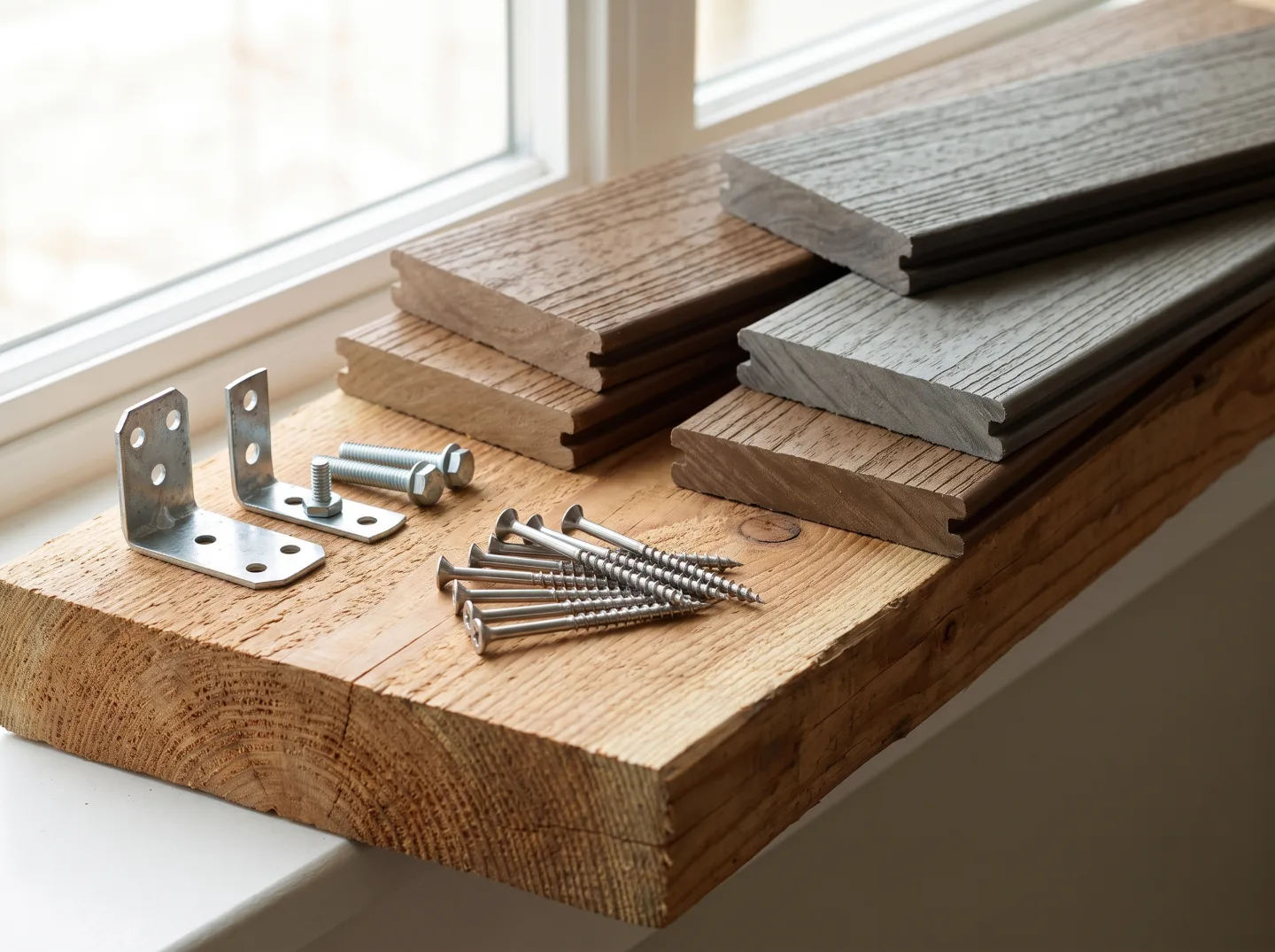 Premium decking samples with stainless screws and hardware on a cedar plank