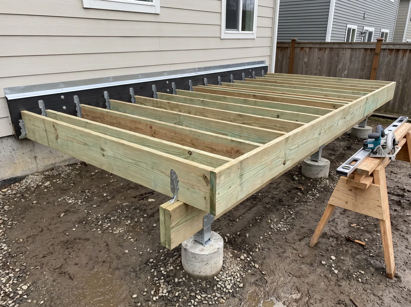 New pressure-treated deck framing on concrete footings with galvanized joist hangers and a flashed ledger board