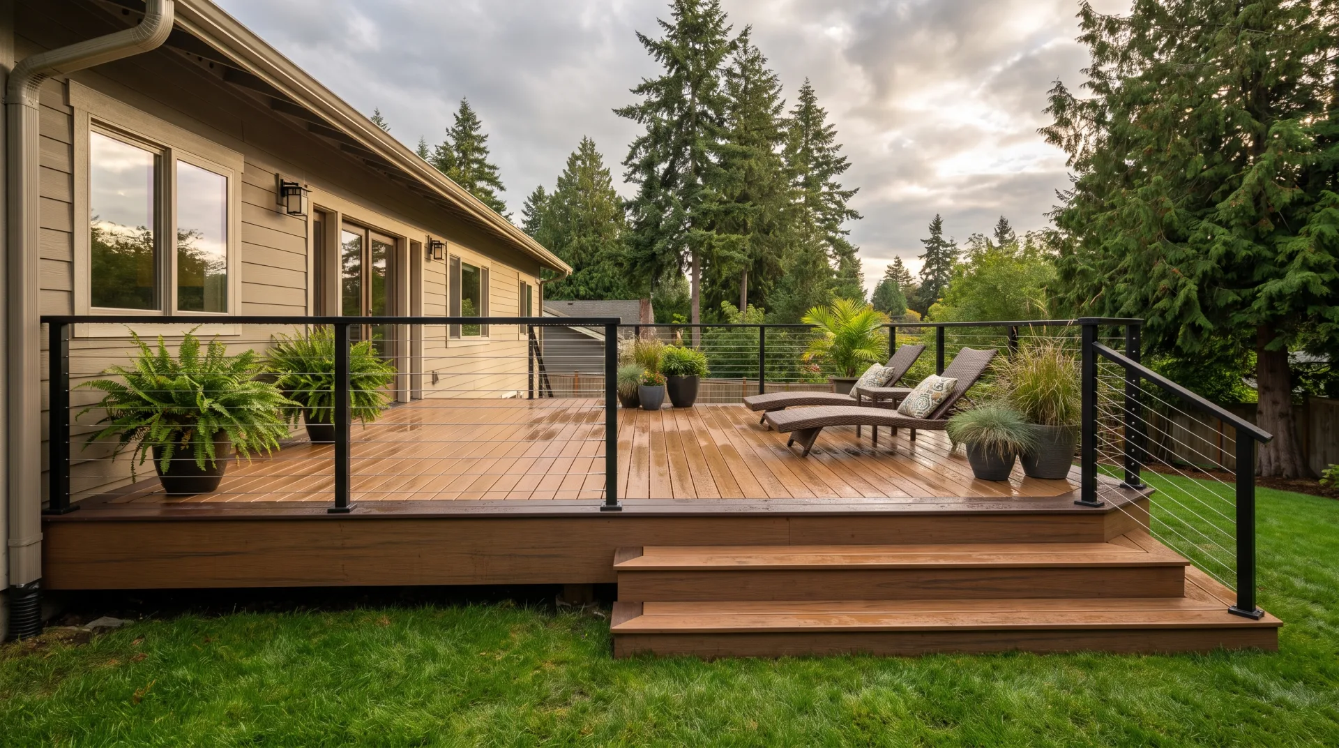 New composite deck with black aluminum cable railing and wide stairs behind a Pacific Northwest home after rain