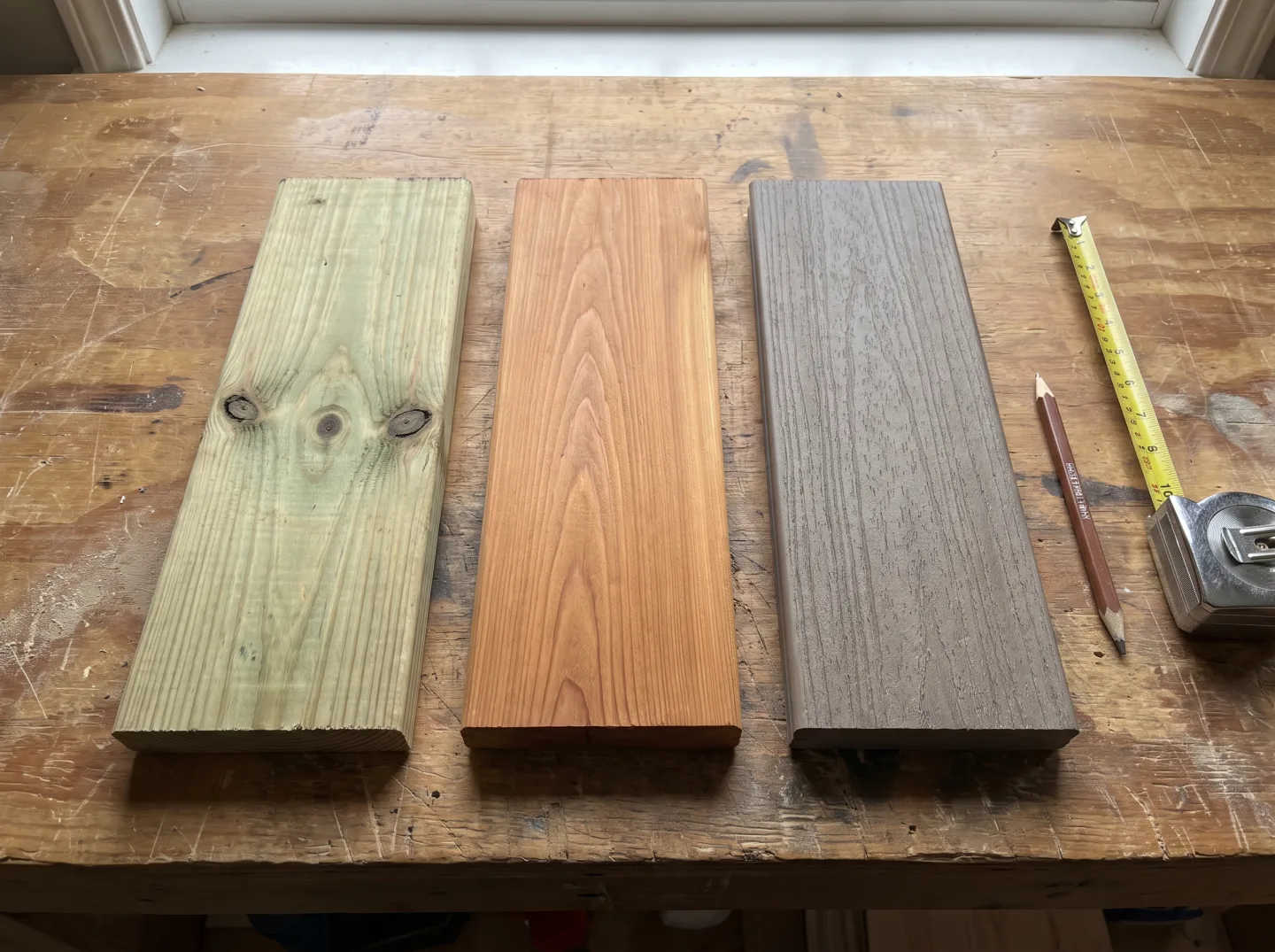 Pressure-treated pine, Western red cedar and capped composite decking samples side by side on a workbench
