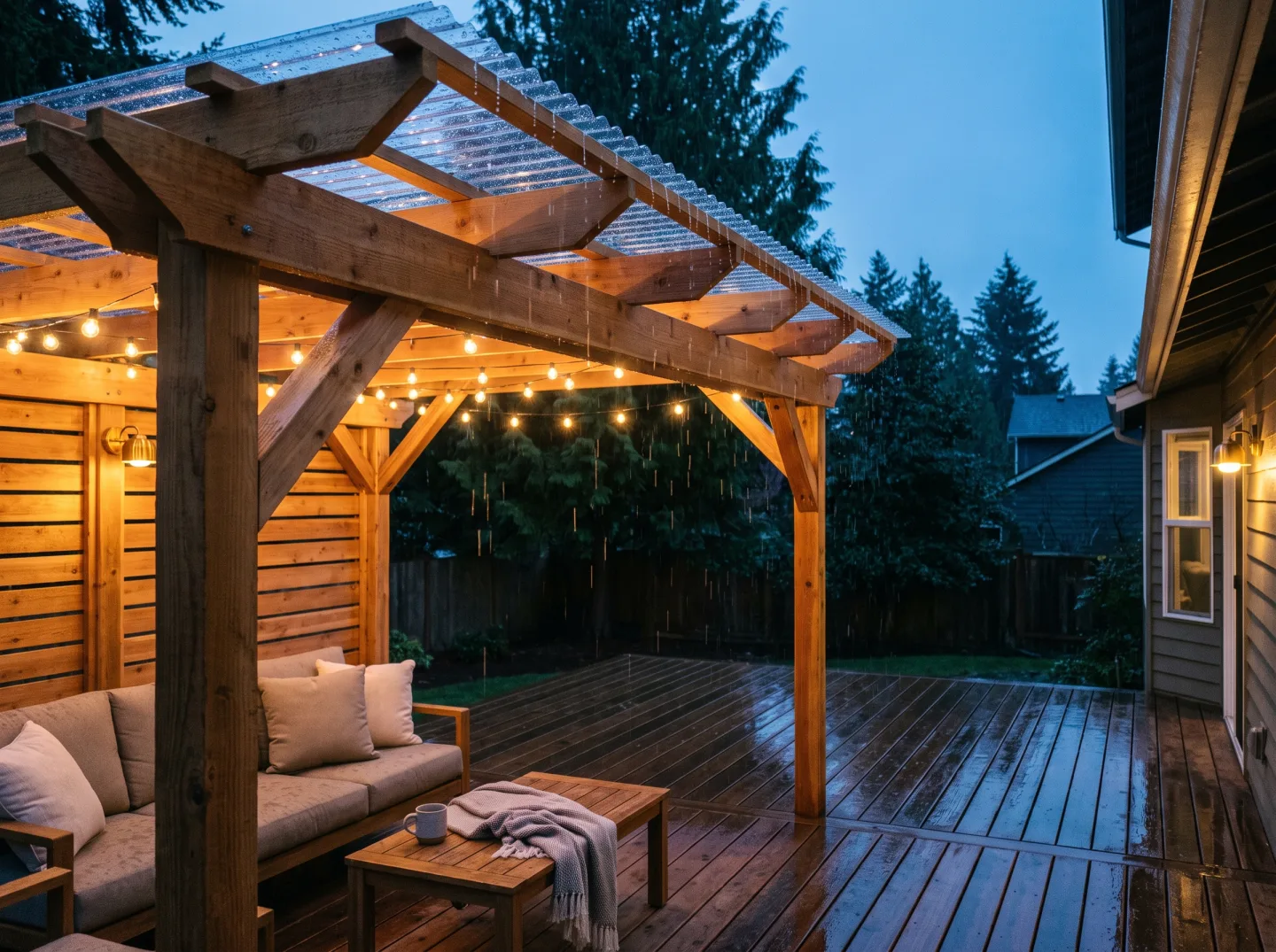Cedar pergola with a clear polycarbonate roof over a backyard deck during evening rain, with string lights and outdoor sofa