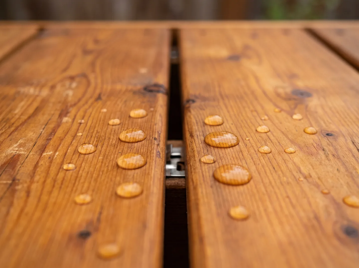 Rain droplets beading on freshly sealed Western red cedar deck boards with a hidden fastener in the gap